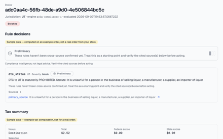 Ratify order detail for a sample order to Utah: a Blocked verdict, the dtc_status rule that produced it, the statute text it quotes, and a link to the primary source.
